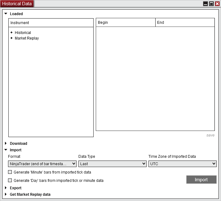 Official NinjaTrader Historical Data window showing the Import format, price type and source time zone controls