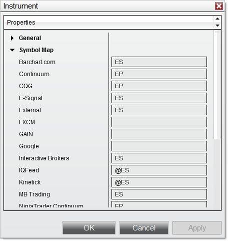 Official NinjaTrader Instrument editor illustrating provider-specific Symbol Map fields; example values require current provider verification