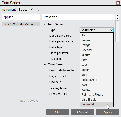Official NinjaTrader Data Series illustration showing Volumetric selected in the Type menu; sample instrument is illustrative