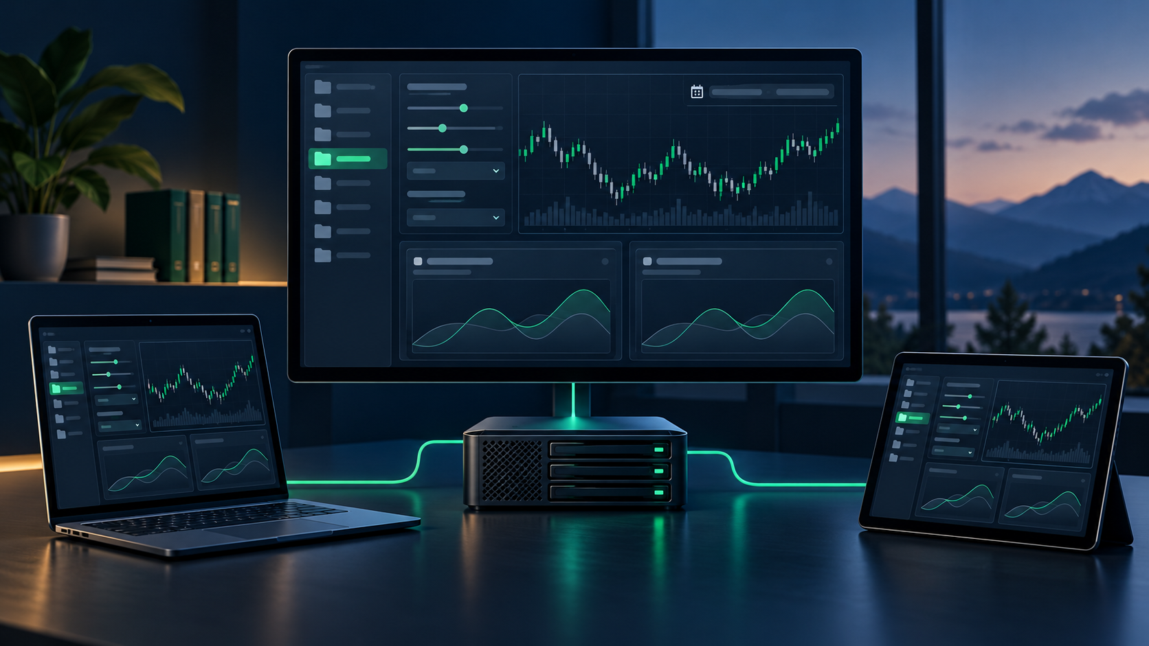 Conceptual illustration of a hosted strategy research workspace across devices; not a NinjaTrader screenshot